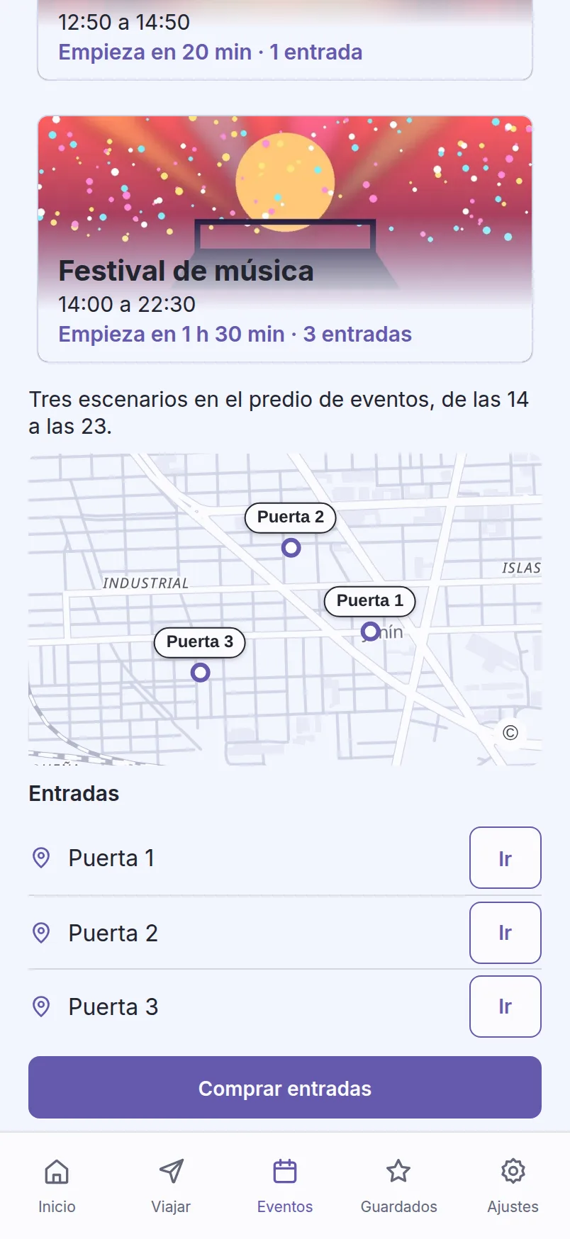 Un evento de ejemplo abierto en la app: sus tres puertas en el mapa y un botón Ir en cada una.