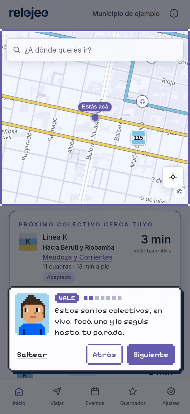 El tutorial de la app con datos de ejemplo: Vale explica que tocando un colectivo se lo sigue hasta la parada.