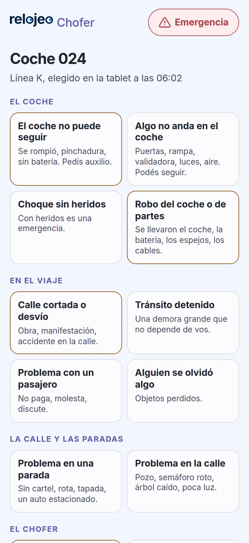 Relojeo Chofer de ejemplo: el coche 024 y los reportes que puede mandar el chofer.