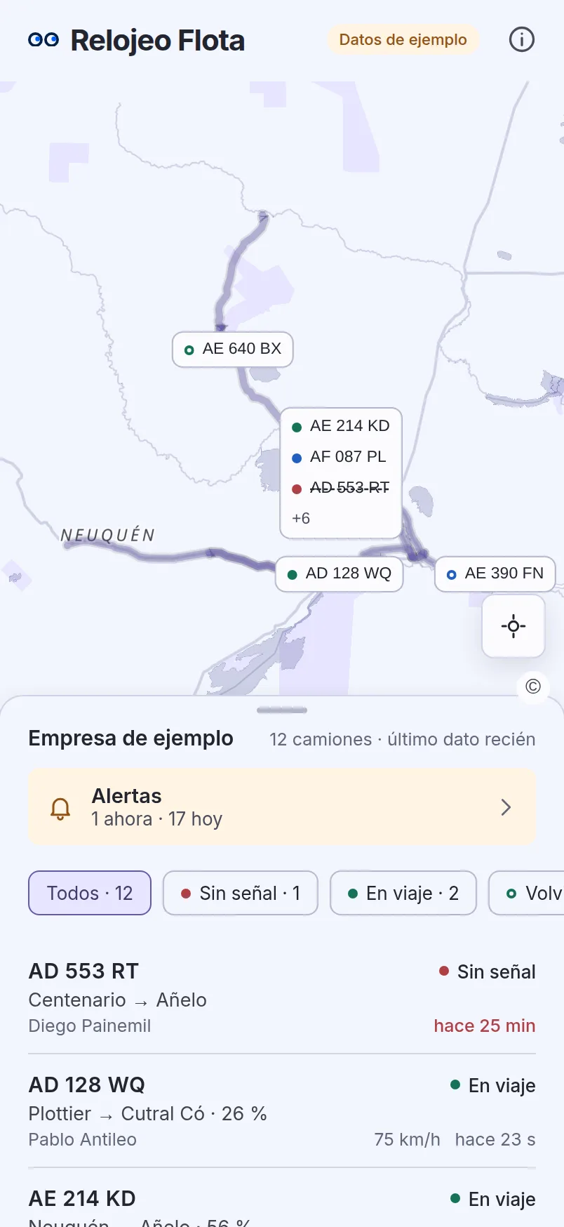 Relojeo Flota con datos de ejemplo: el mapa con los camiones de una empresa de ejemplo y la lista con su estado.