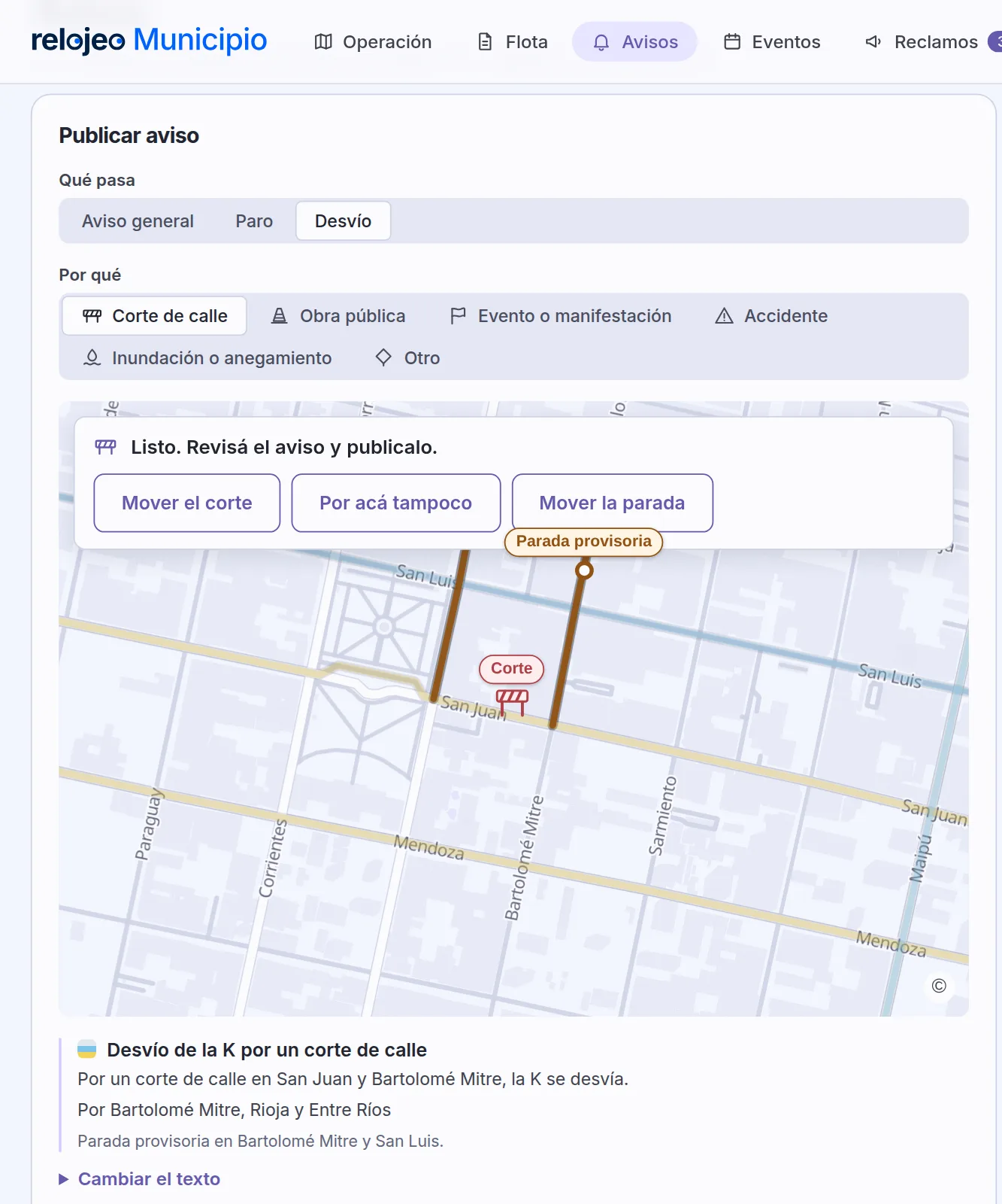 El desvío de la K trazado solo alrededor de un corte de calle de ejemplo, con su parada provisoria y el aviso escrito.
