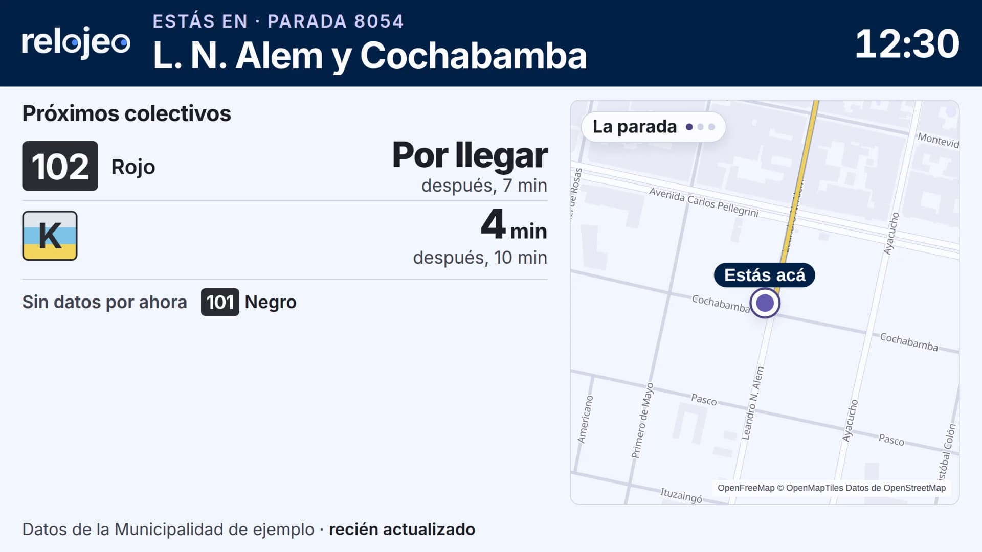 La pantalla de una parada de día, con datos de ejemplo: la 102 y la K, cuánto falta para cada una y el mapa de la parada.