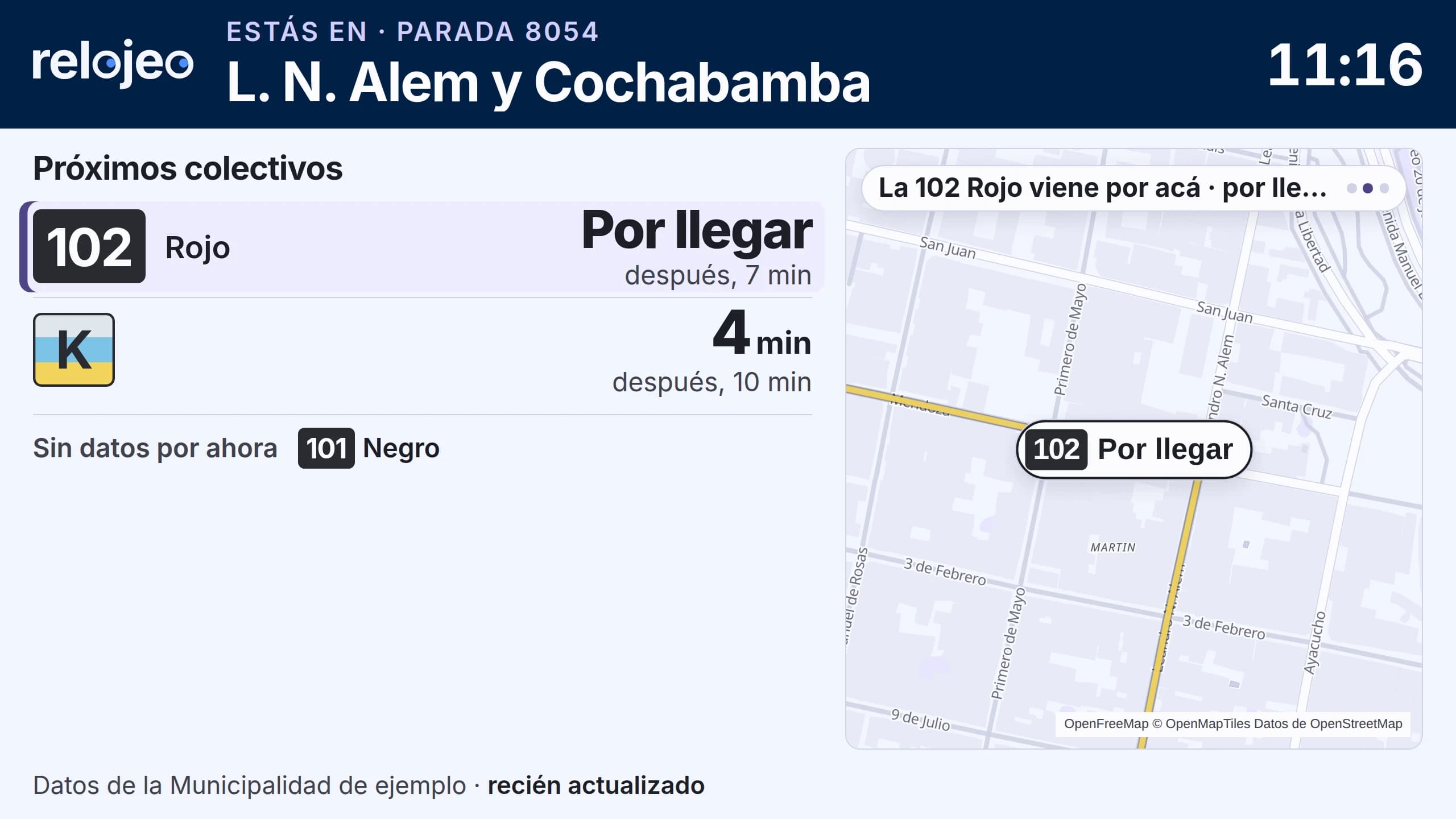 Captura de la pantalla de una parada con datos de ejemplo: la lista de los próximos colectivos con cuánto falta para cada uno, la 102 llegando y la K en 4 minutos, y un mapa de por dónde vienen, con el tramo que le falta a la K.